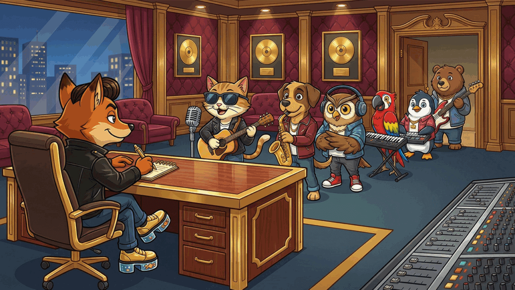 Animal Idol Alexa game – animals queueing up to audition in Cool Fox's recording studio