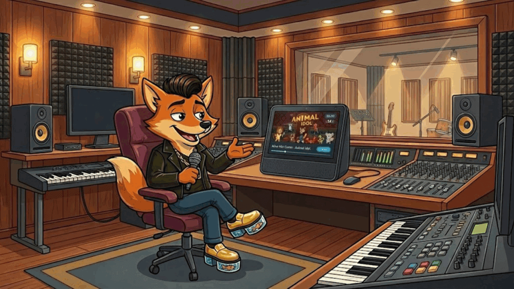Cool Fox in his recording studio, microphone in hand, gesturing at a smart display showing Animal Idol