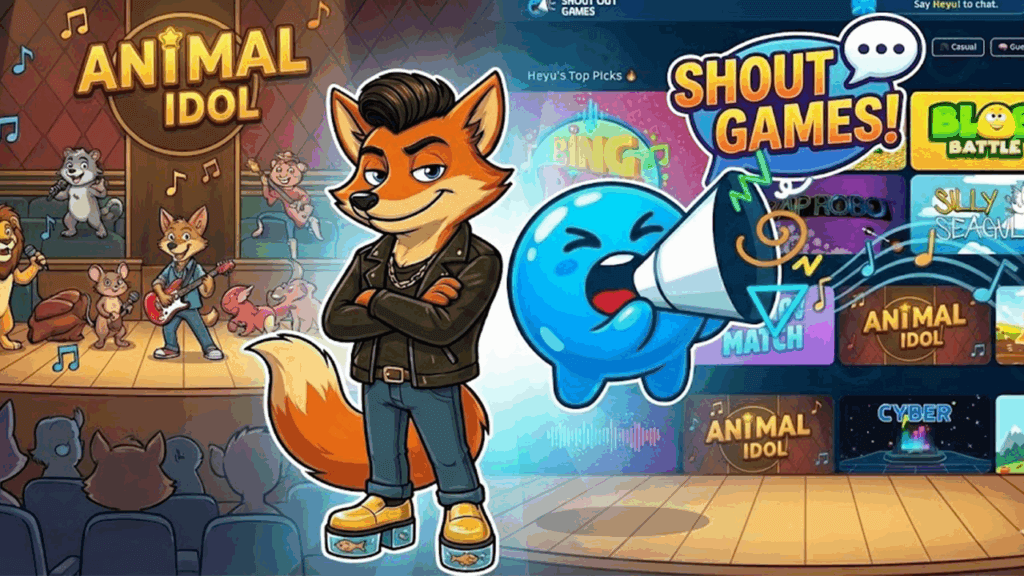 Cool Fox from Animal Idol beside Heyu, Shout Out Games' voice-controlled assistant, in front of the Shout Out Games library