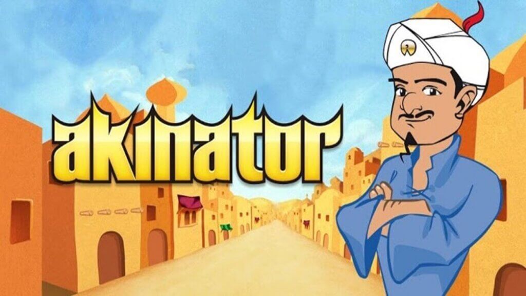 The Akinator logo and turbaned genie, arms folded, in front of a cartoon desert town