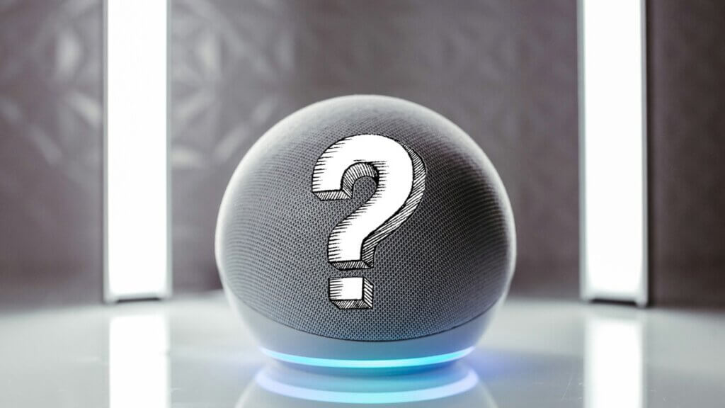 A spherical Amazon Echo smart speaker with a large question mark drawn on it