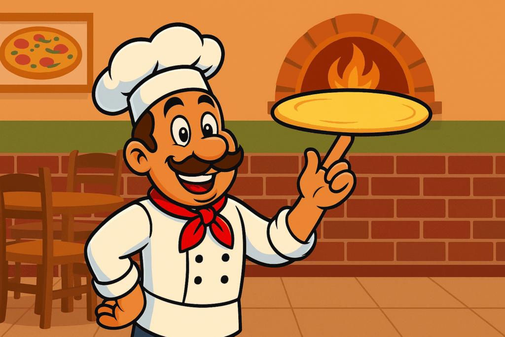 Gino the pizza chef spinning a pizza on his hand in front of his pizza oven