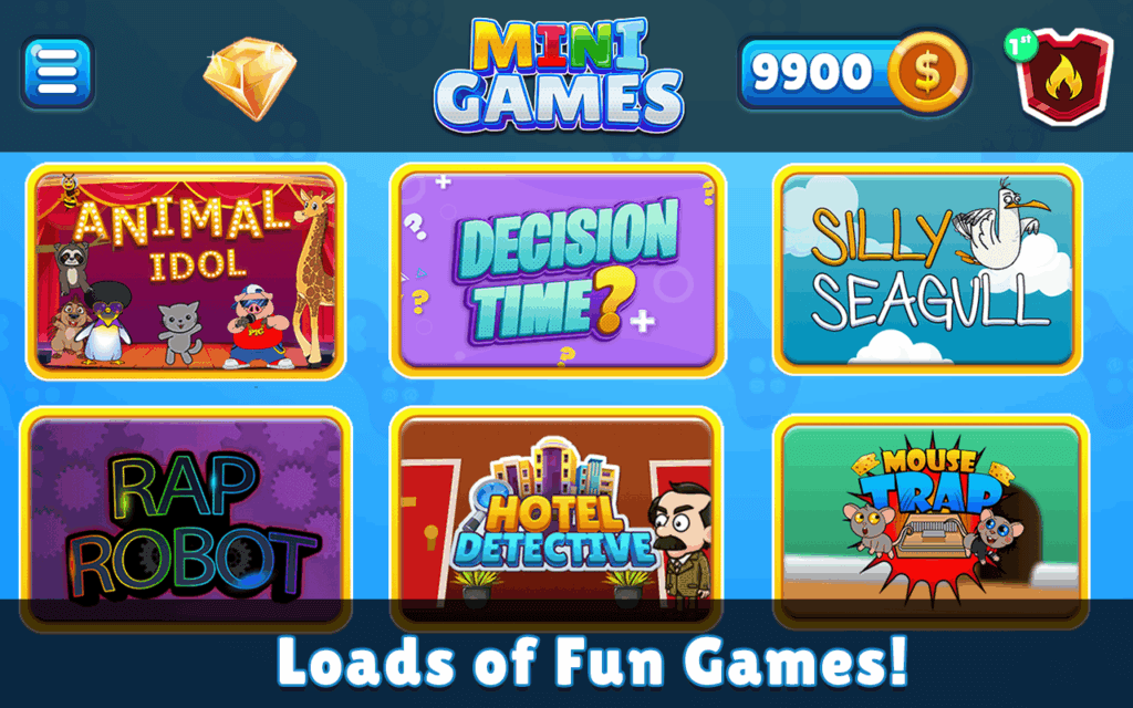 The Mini Games menu showing Animal Idol, Decision Time, Silly Seagull, Rap Robot, Hotel Detective and Mouse Trap