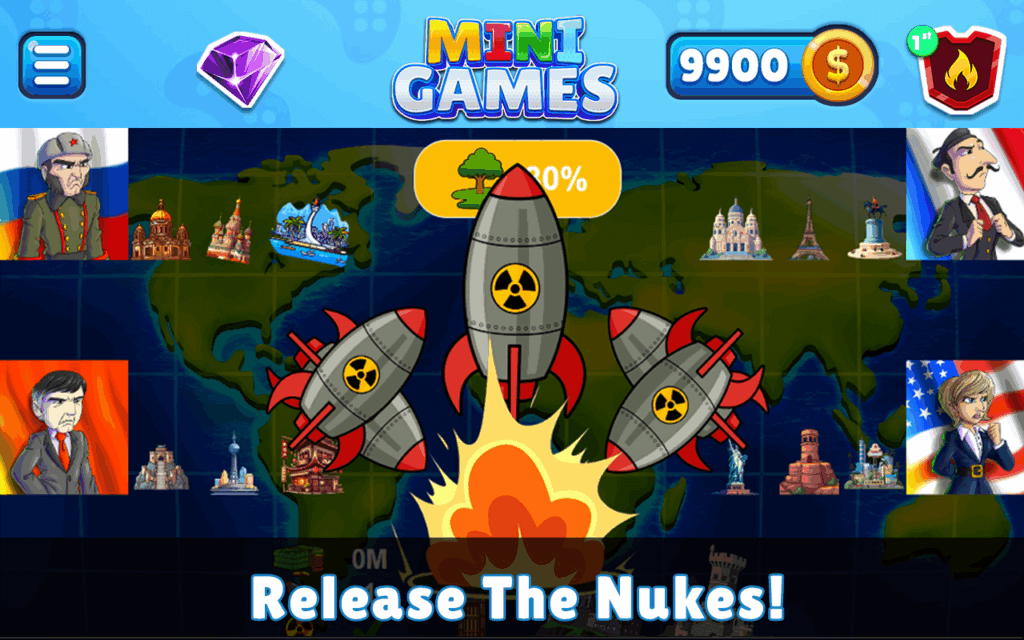 Nuclear War screenshot: three nuclear missiles launching over a world map, flanked by cartoon world leaders, captioned 'Release The Nukes!'