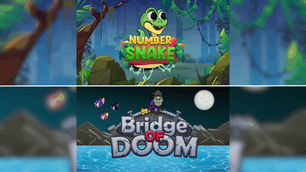 Title screens for Number Snake, with a cartoon snake in the jungle, and Bridge of Doom, with a witch on a broomstick under a full moon
