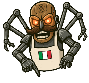 The evil pizza robot with glowing red eyes