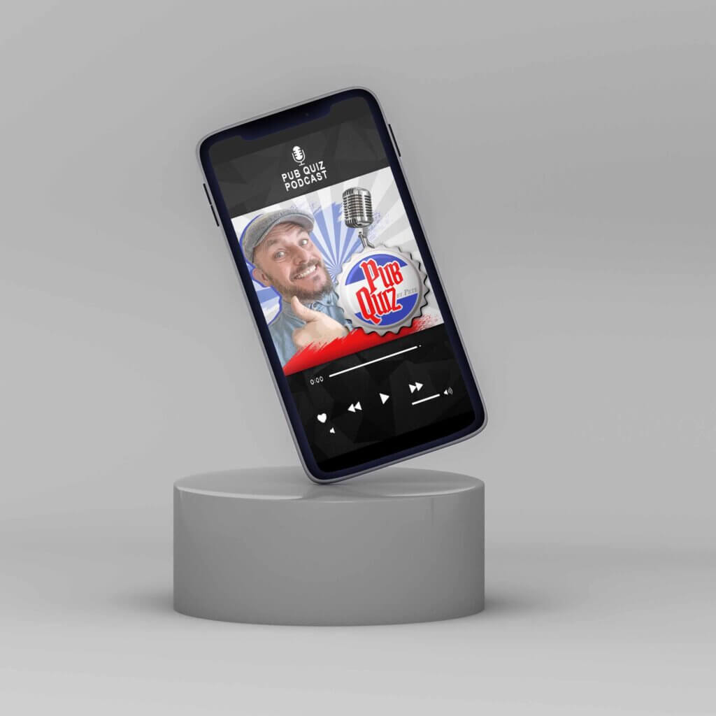 The Pub Quiz podcast with Pete playing on a smartphone on a display stand