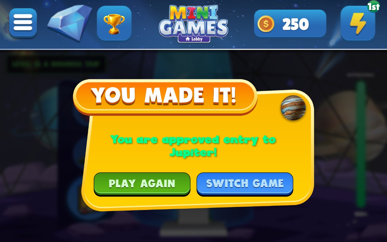 Alien Customs win screen on an Echo Show: 'You made it! You are approved entry to Jupiter!' with Play Again and Switch Game buttons