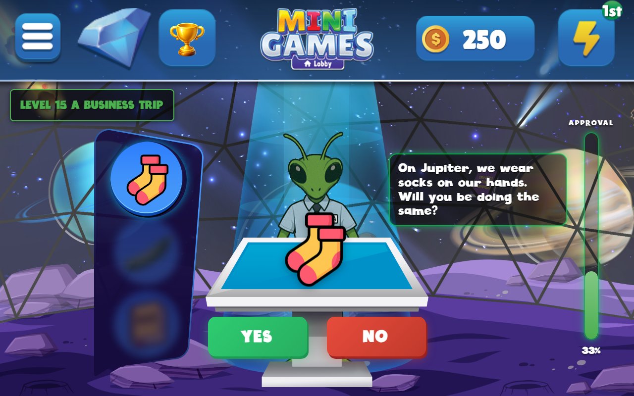 Alien Customs on an Echo Show: the alien customs officer holding up a pair of socks and asking 'On Jupiter, we wear socks on our hands. Will you be doing the same?' with Yes and No buttons