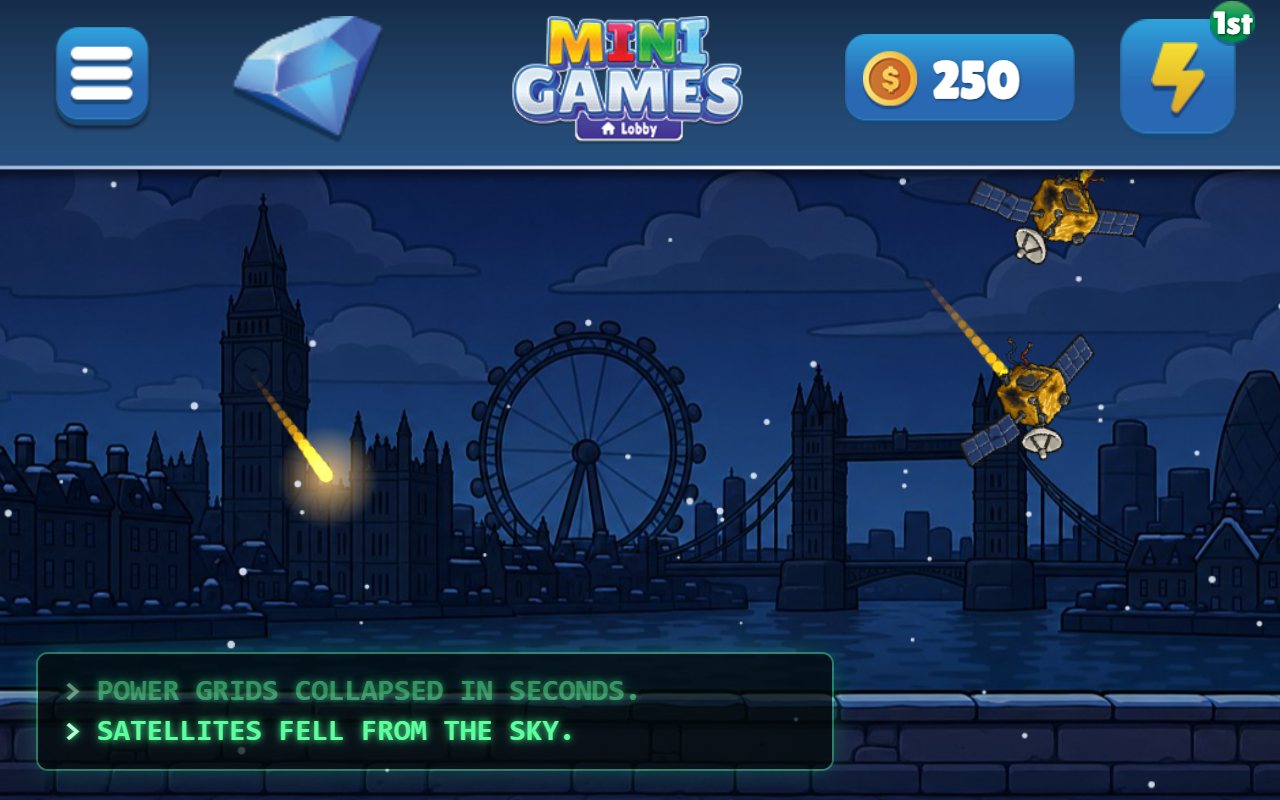 Alien Invasion: Signal Decoders on an Echo Show: the London skyline blacked out at night as satellites fall from the sky, with the words 'Power grids collapsed in seconds. Satellites fell from the sky.'