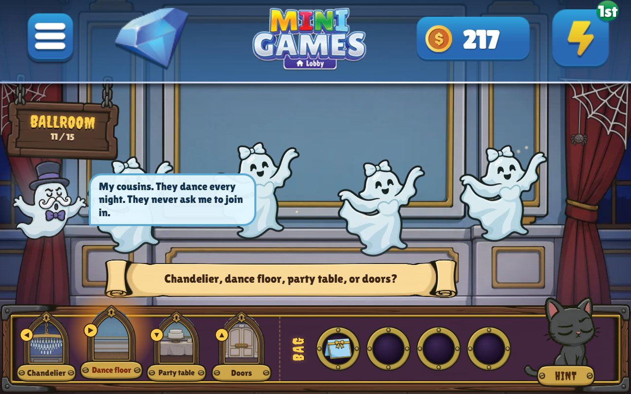 Escape the Mansion on an Echo Show: the Ballroom, where Lord Mortimer says 'My cousins. They dance every night. They never ask me to join in.' as four ghosts dance, with the places to look as buttons and Jinx the black cat by the hint button