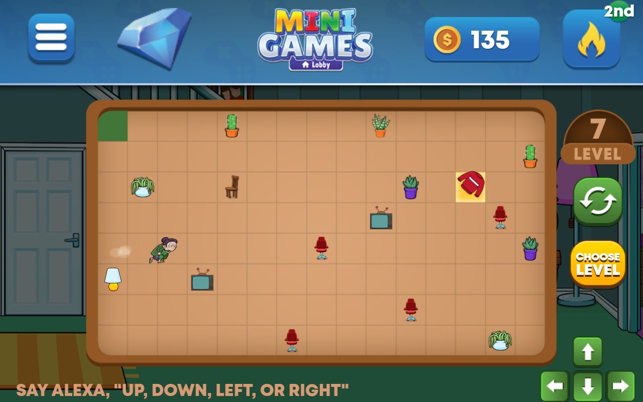 Granny Quest on an Echo Show: level 7, with Granny dashing across a room full of chairs, cacti and televisions towards her red jumper, and arrow buttons to steer her