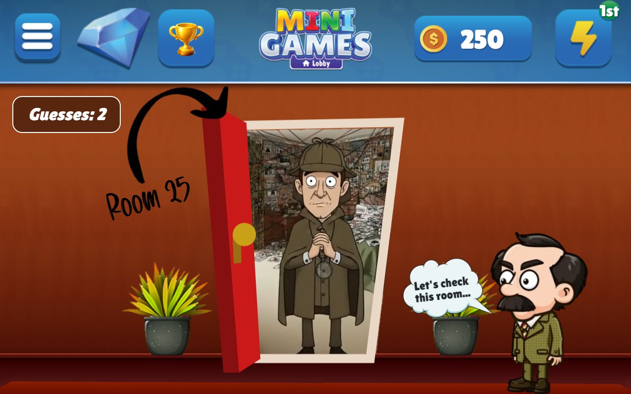 Hotel Detective on an Echo Show: the detective opens the door of Room 25 to find a man in a deerstalker and cape, with a Guesses counter in the corner