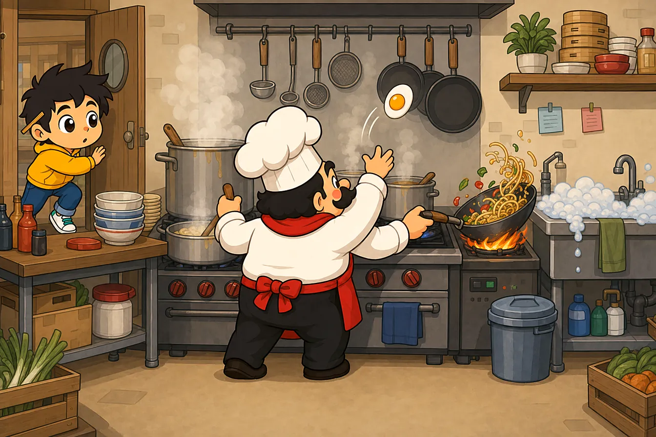 A scene from Noodle Rush: the chef juggling pans in Slurpy's busy kitchen