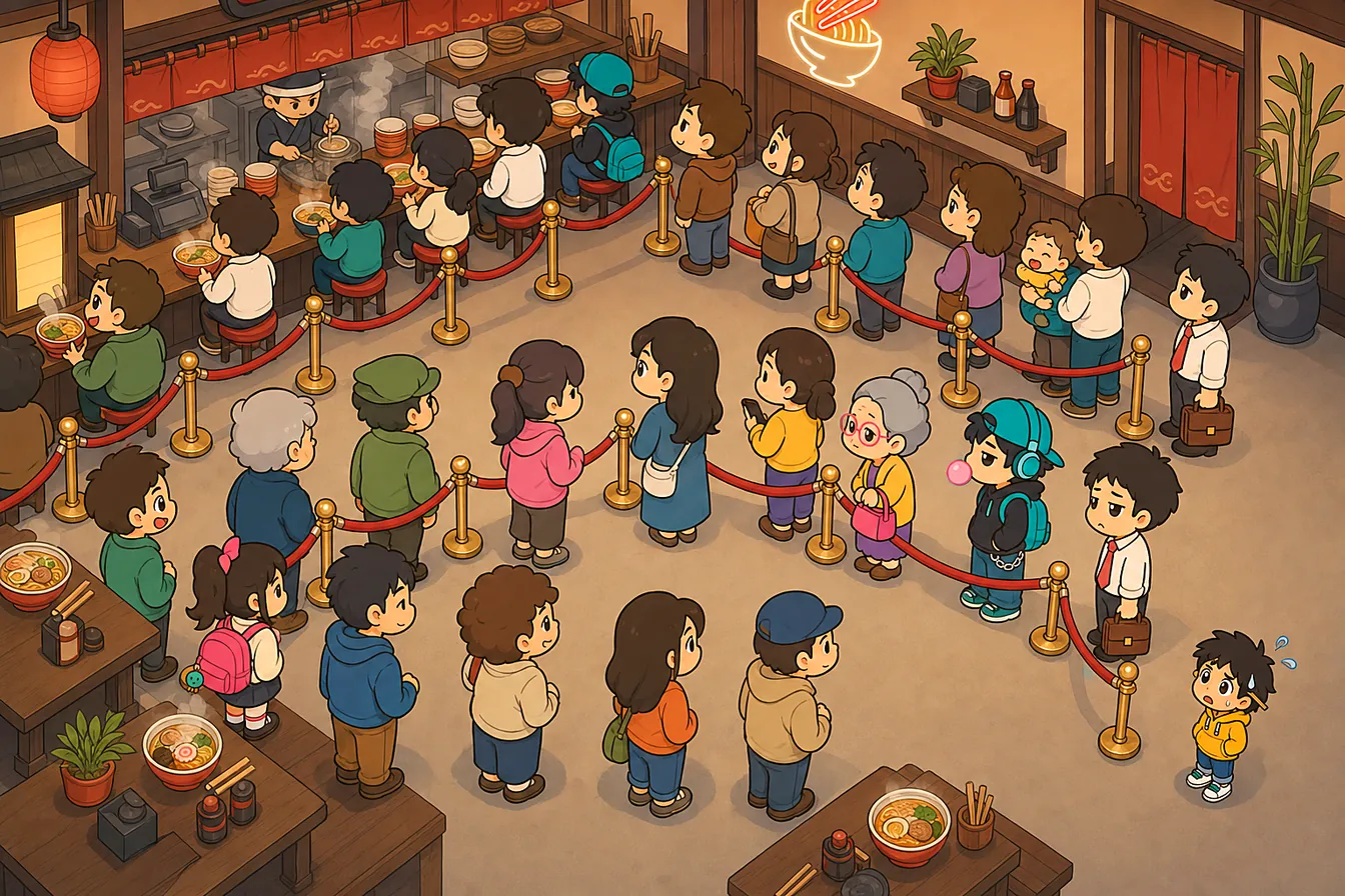 A scene from Noodle Rush: a long queue of hungry customers winding around Slurpy's Noodle Bar