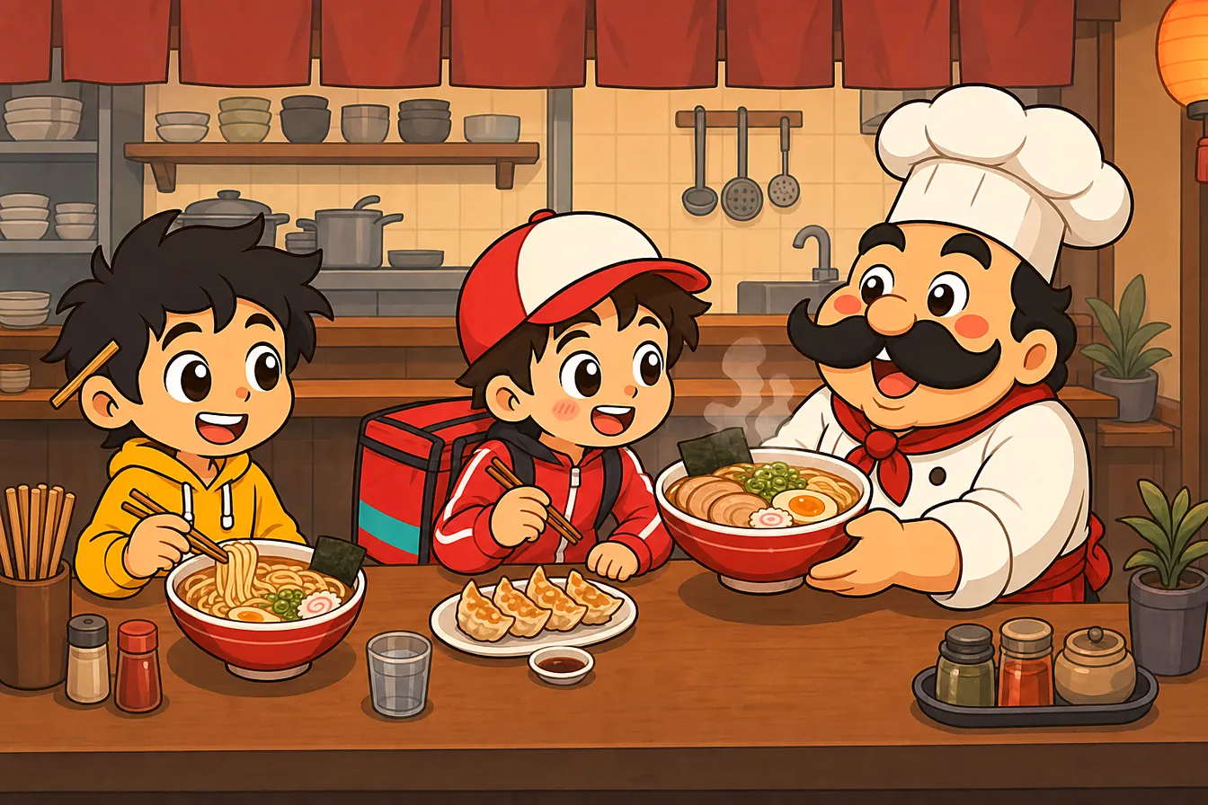 A scene from Noodle Rush: two friends sharing ramen at Slurpy's counter while the chef looks on
