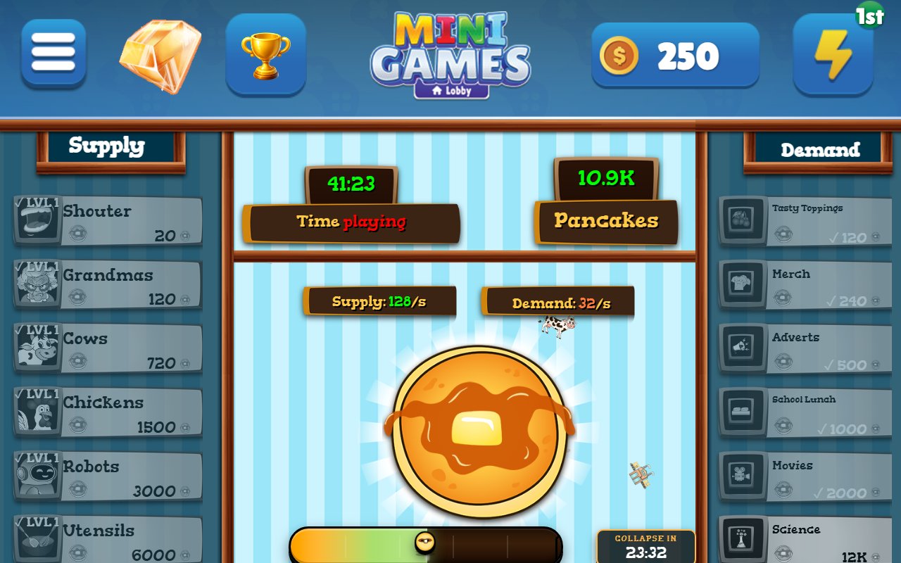 Pancake Empire on an Echo Show: the giant buttered pancake in the middle, 10.9K pancakes after 41 minutes of play, Supply upgrades from Shouter to Utensils on the left and Demand events from Tasty Toppings to Science on the right
