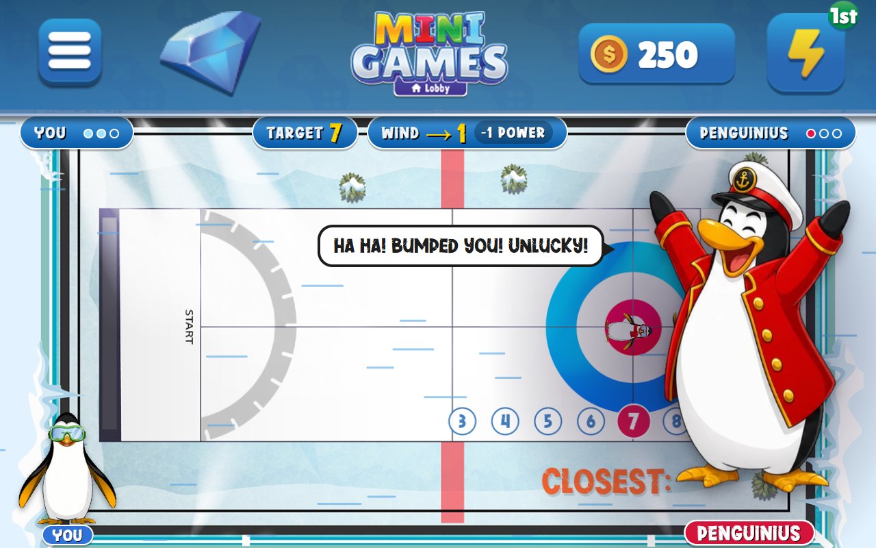 Penguin Curling on an Echo Show: Captain Penguinius laughs 'Ha ha! Bumped you! Unlucky!' after his penguin lands on the bullseye, with the target and wind shown at the top