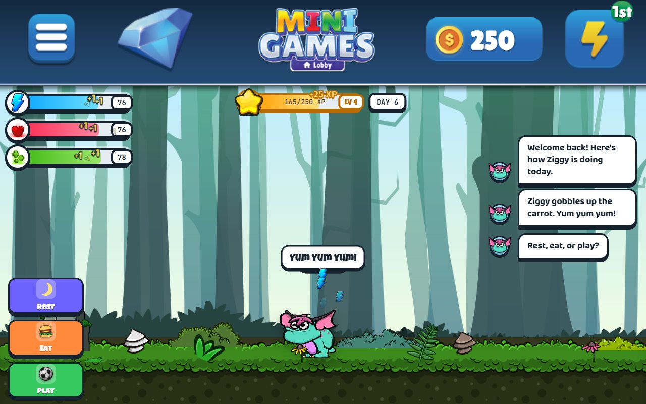 Pet My Monster on an Echo Show: Ziggy the monster says 'Yum yum yum!' after eating a carrot in the forest, with energy, happiness and health bars and Rest, Eat and Play buttons