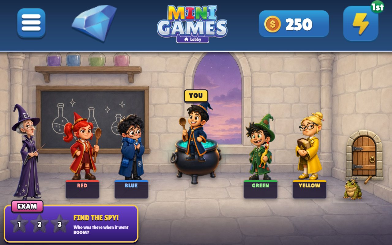 Potion Class on an Echo Show: the headmistress and four students in the potion classroom, with the exam question 'Find the spy! Who was there when it went BOOM?'