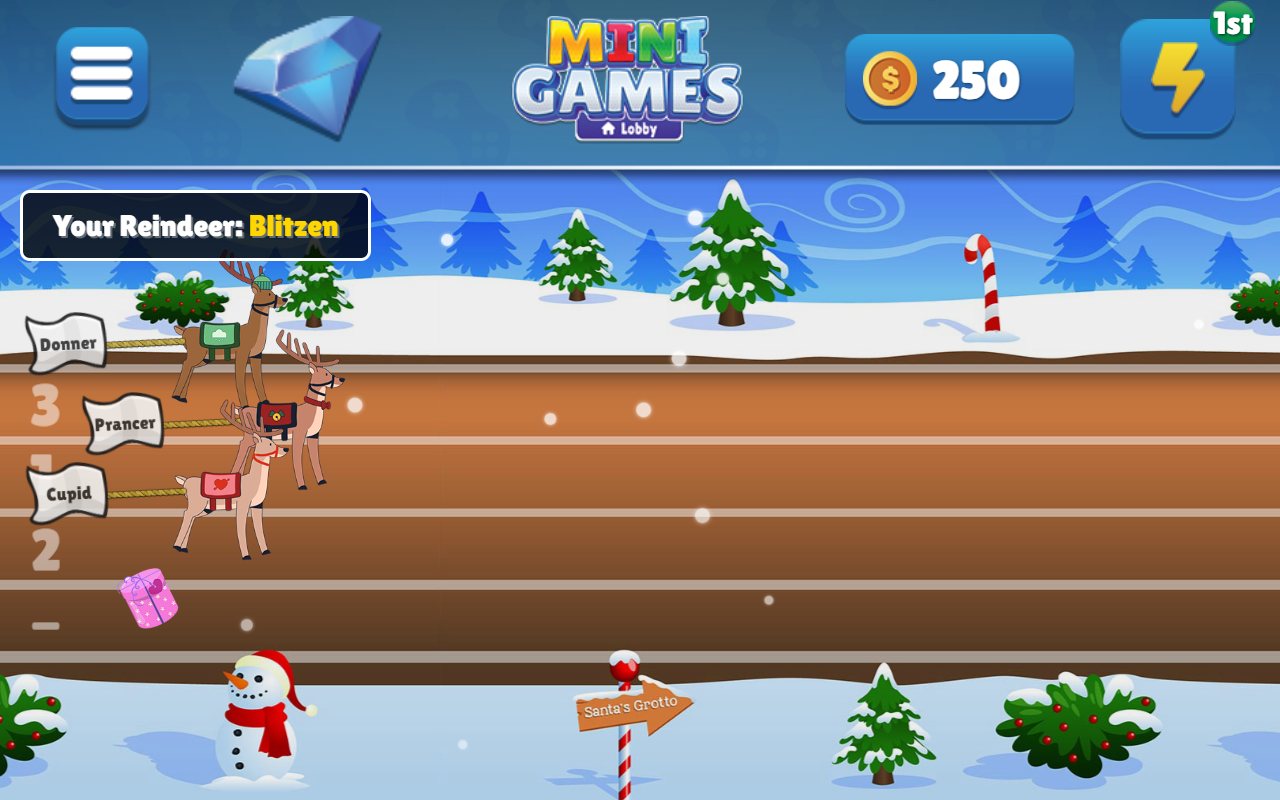 Reindeer Racing on an Echo Show: Donner, Prancer and Cupid racing along a snowy track past a snowman and a sign to Santa's Grotto, with 'Your Reindeer: Blitzen' in the corner