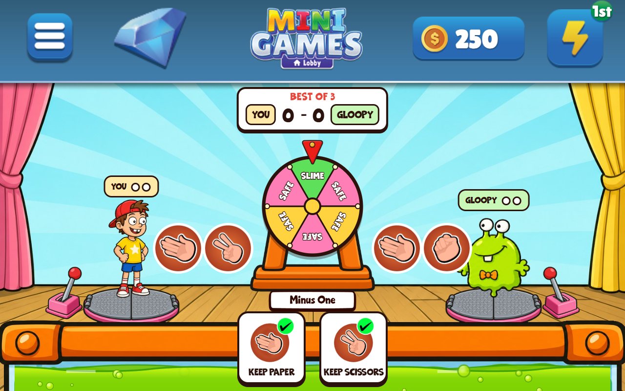 Rock Paper Scissors Minus One on an Echo Show: you and Gloopy the slime monster on trapdoors over the Slime Pit, each holding two hands, under the slime wheel and a best-of-3 scoreboard