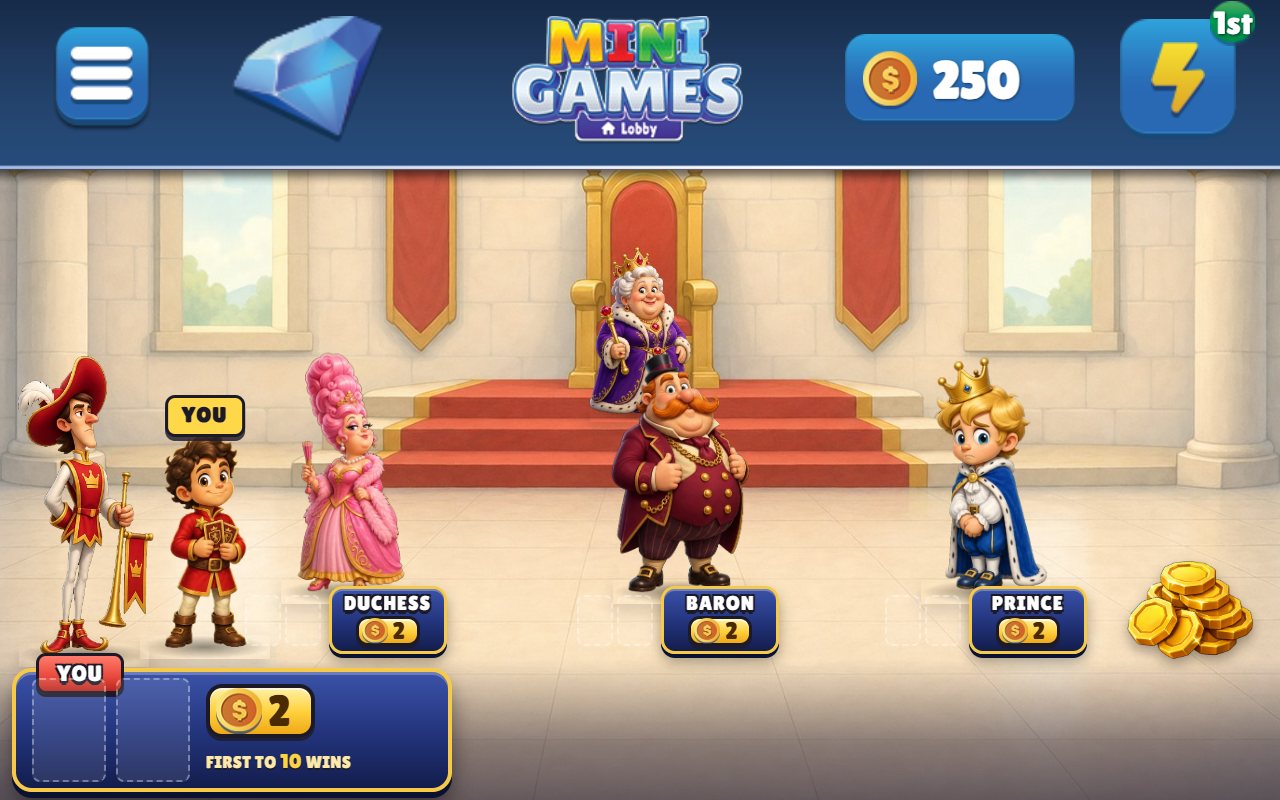 Royal Bluff on an Echo Show: the throne room with the Queen, the Duchess, the Baron, the Prince and you, first to 10 wins