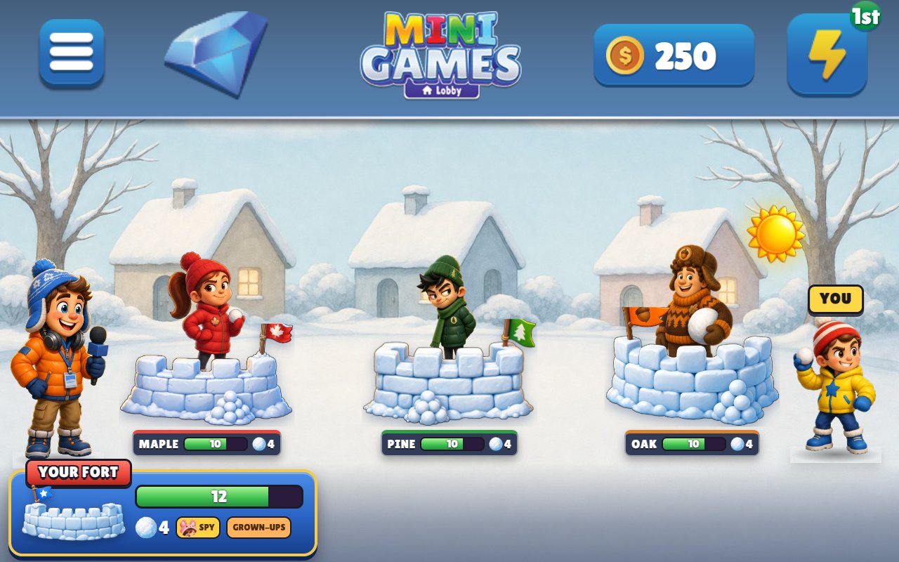 Snowball Fight on an Echo Show: snow forts for Maple, Pine and Oak streets, with your own fort's health and snowballs at the bottom