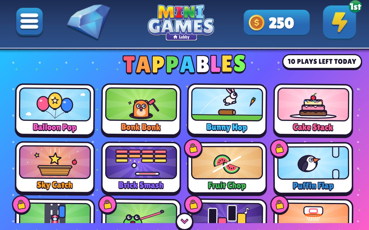 The Tappables hub on an Echo Show: 10 plays left today, the six free games from Balloon Pop to Brick Smash, and padlocked games for Unlimited members below