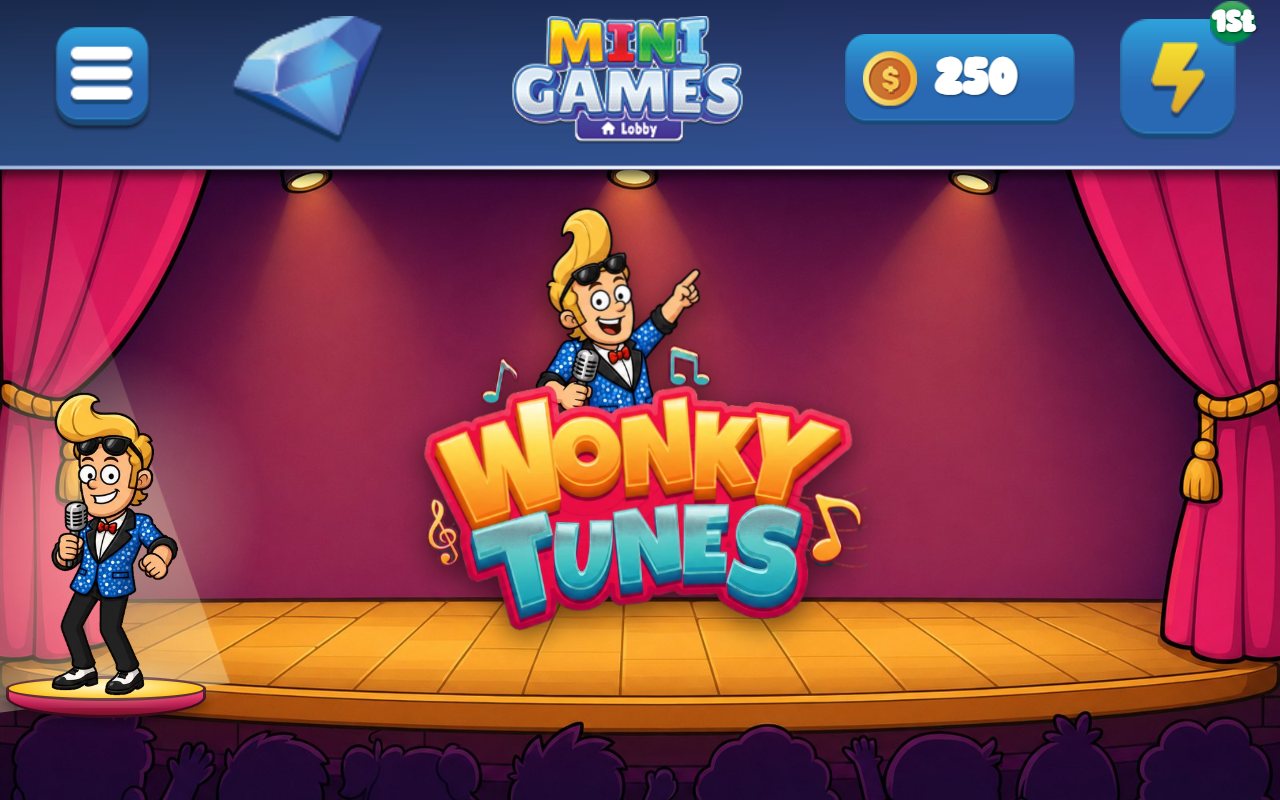 Wonky Tunes on an Echo Show: the host, Jingles, on a spotlit stage in front of the Wonky Tunes logo