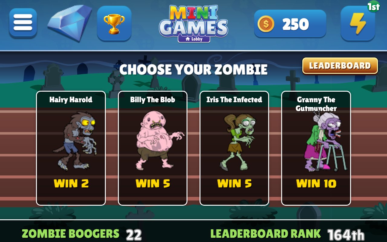 Zombie Racing on an Echo Show: the Choose Your Zombie screen with Hairy Harold (win 2), Billy The Blob (win 5), Iris The Infected (win 5) and Granny The Gutmuncher (win 10), above the player's 22 zombie boogers and 164th place on the leaderboard