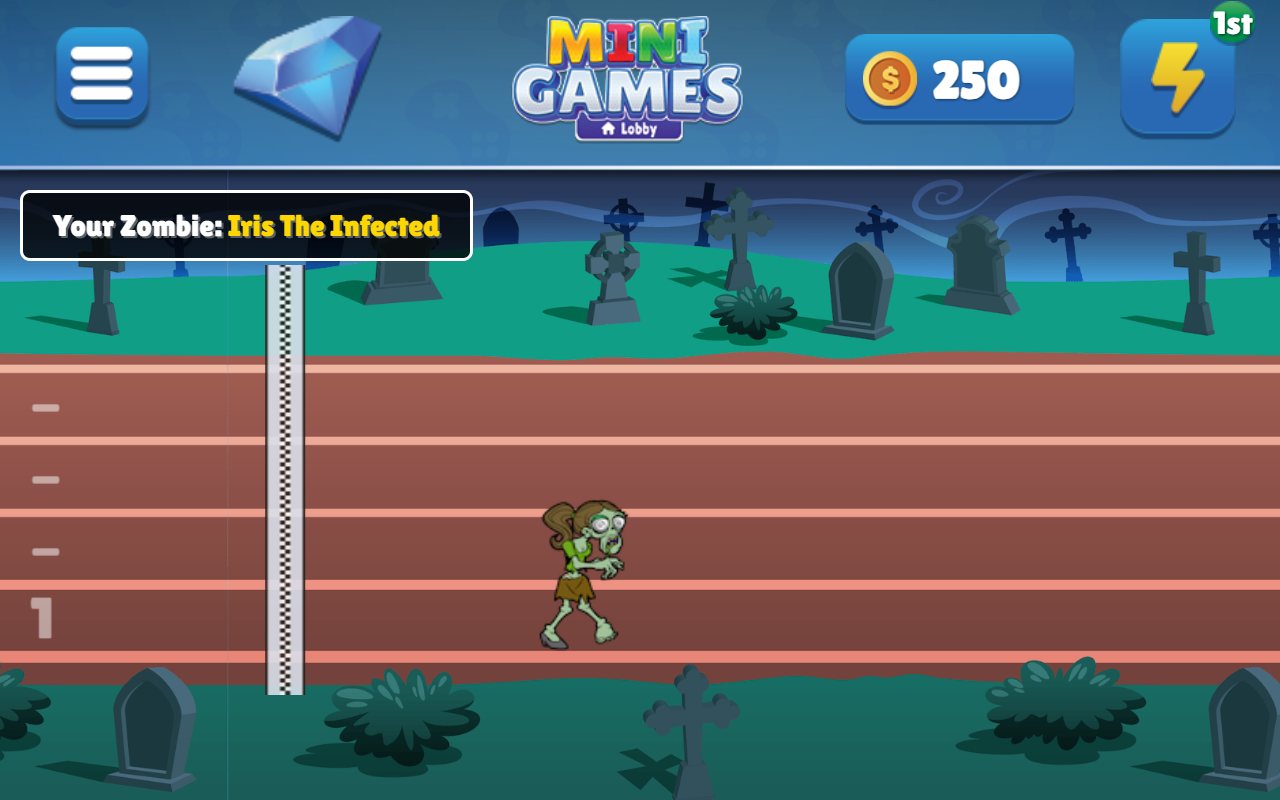 Zombie Racing on an Echo Show: Iris The Infected, the last zombie left in the race, past the chequered finish line