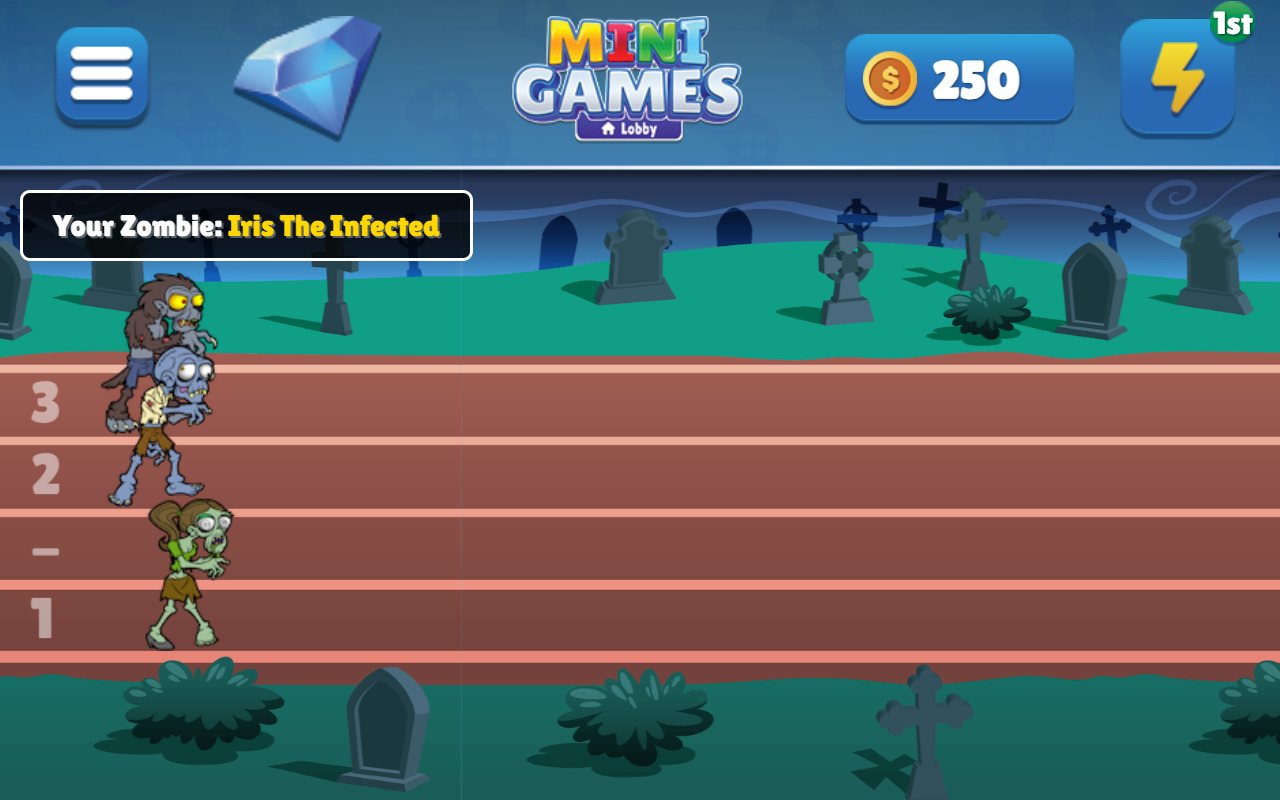 Zombie Racing on an Echo Show: four zombies lurching along a graveyard racetrack, with 'Your Zombie: Iris The Infected' in the corner
