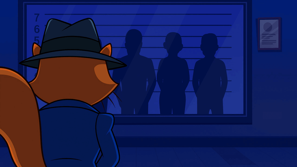 The squirrel spy handler, in fedora and trench coat, studying a line-up of three silhouetted suspects