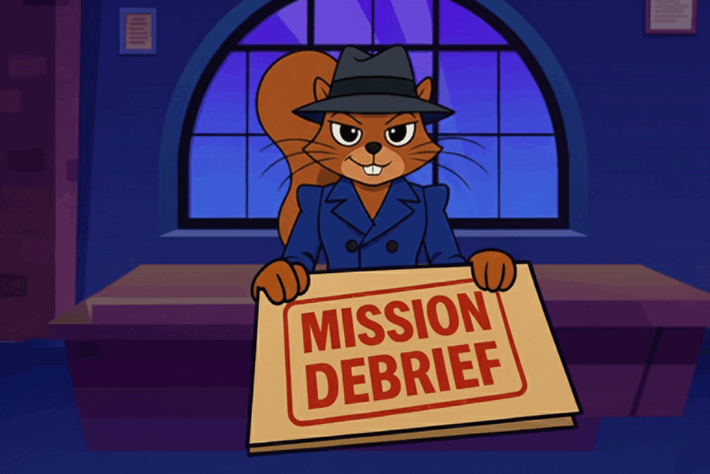 The squirrel spy handler holding a folder stamped 'Mission Debrief'