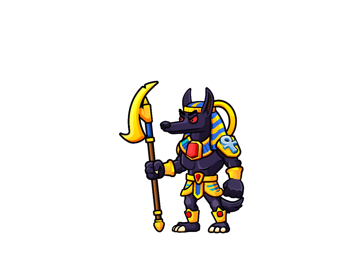 Cartoon Anubis, the jackal-headed god of the dead, holding a golden staff