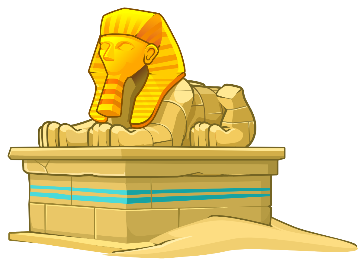 A cartoon sphinx resting on a stone plinth half-buried in sand