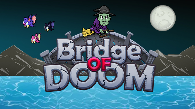 Bridge of Doom cover showing a witch on a broomstick above a stone bridge