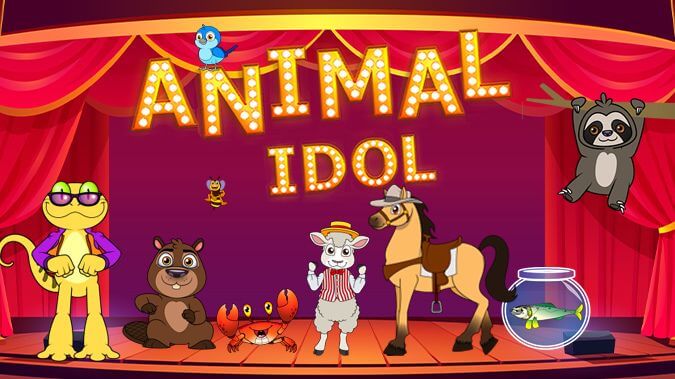 A colourful thumbnail of a cartoon animal performing on stage in the 'Animal Idol' voice game for Amazon Alexa.