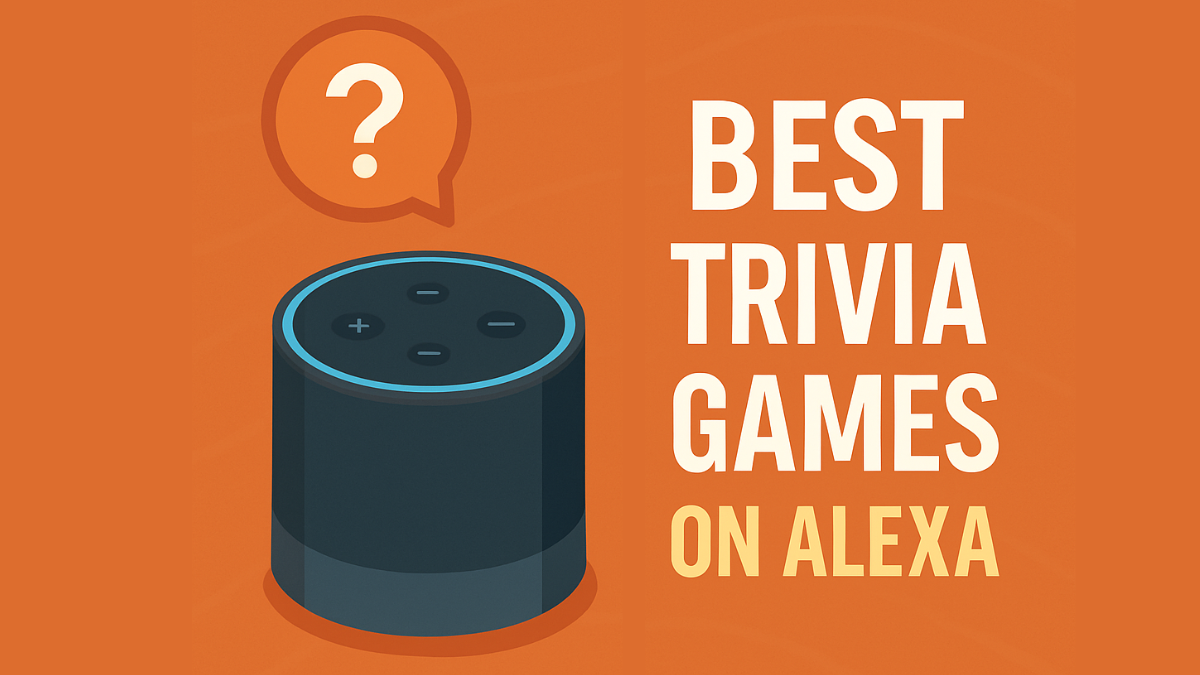Alexa speaker graphic with 'Best Trivia Games on Alexa' messaging, on orange background