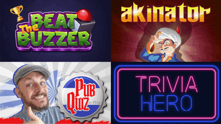 combination of 4 popular trivia games thumbnail's on alexa. akinator, beat the buzzer, pub quiz and trivia hero