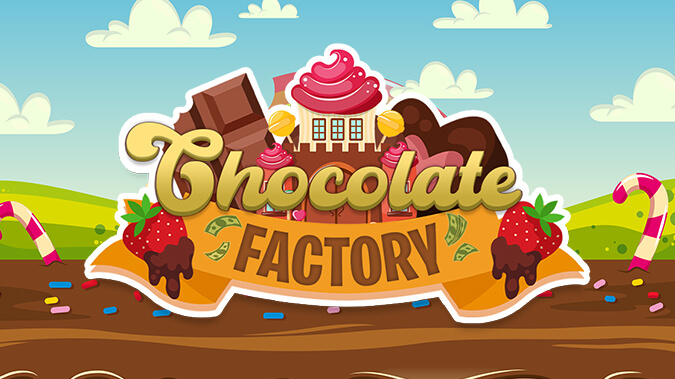 A vibrant, imaginary chocolate factory with flowing rivers of chocolate for the voice-activated tycoon game, 'Chocolate Factory'.