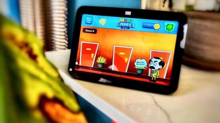 hotel detective mini game on alexa screen device near plants with aesthetic editing to photo