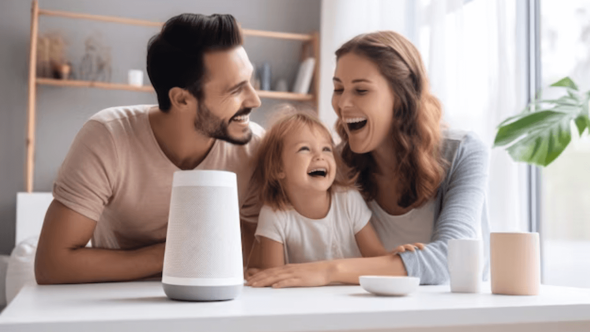 happy family sitting around alexa laughing and having fun time with small child playing trivia games