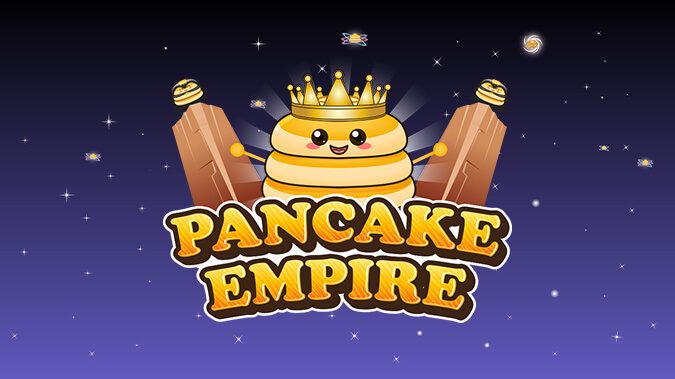 A giant stack of pancakes with syrup and butter represents the 'Pancake Empire' interactive clicker game for Alexa.