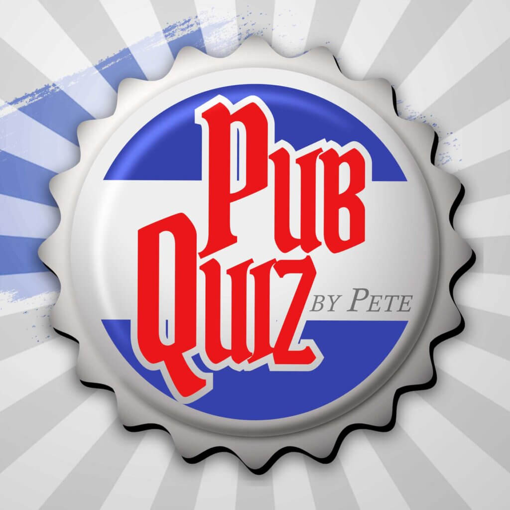 the logo of pete's pub quiz podcast, a beer cap with 'pub quiz' by pete