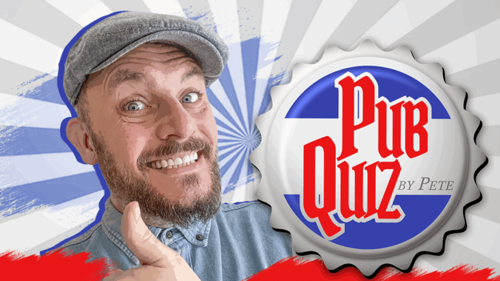 smiley bartender Pete with a thumbs up while the 'pub quiz' thumbnail and microphone are on screen