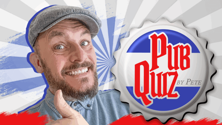 smiley bartender Pete with a thumbs up while the 'pub quiz' thumbnail and microphone are on screen