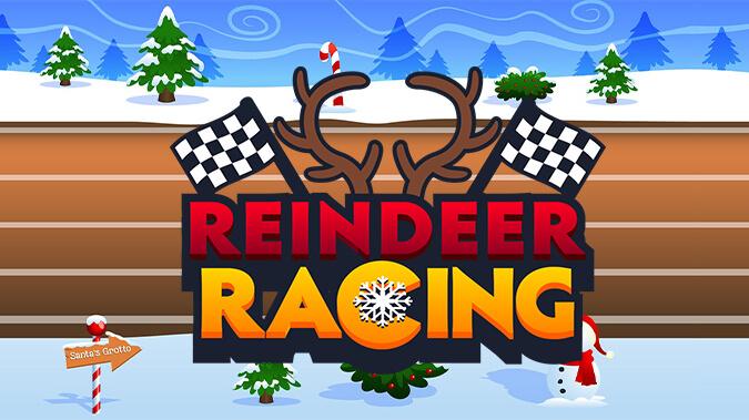 Santa's reindeer racing through a snowy landscape in the festive Amazon Echo game, 'Reindeer Racing'.
