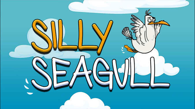 A cartoon seagull soars through the sky in the hilarious and addictive Alexa game, 'Silly Seagull'.